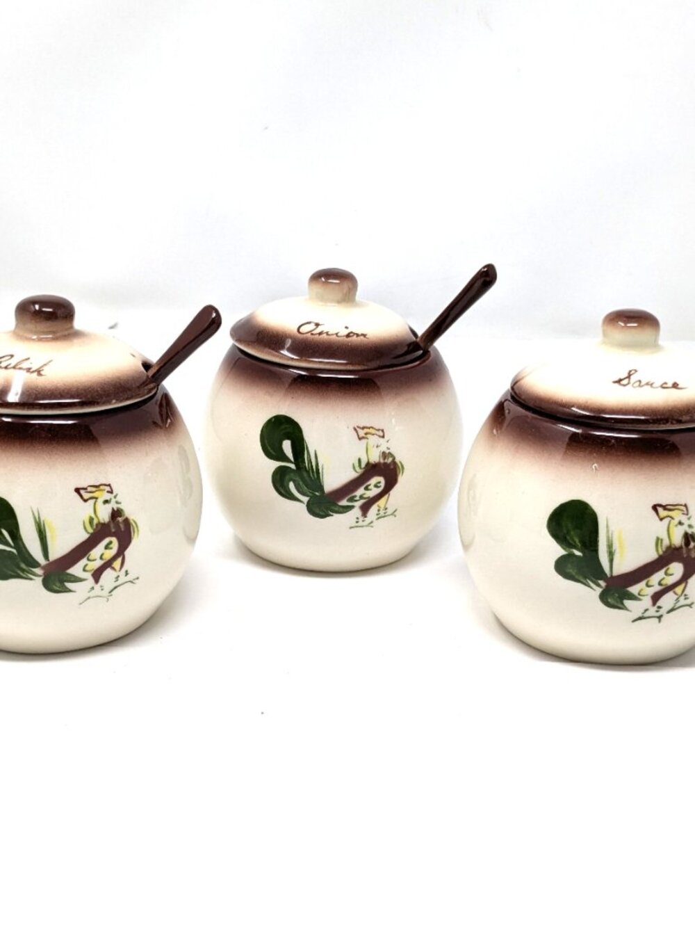 Brock of California CHANTICLEER Rooster condiment Jars Set of 3 VTG 50s